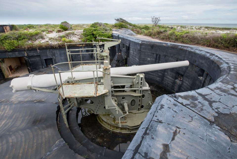 A pop-up 6-inch rifle is on display at the recently reopened Battery Cooper, which is part of the Fort Pickens harbor defenses, at Gulf Islands National Seashore.
