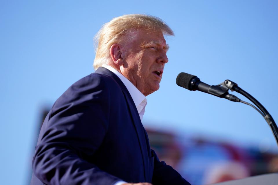 Former President Donald Trump speaks at a campaign rally at Waco Regional Airport, Saturday, March 25, 2023, in Waco, Texas.