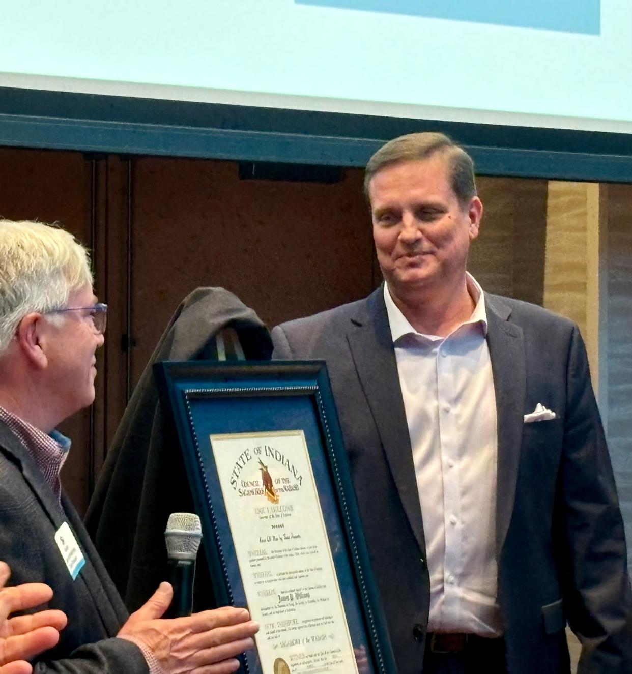 Jim Williams receives the Sagamore of the Wabash award at a recent ceremony at Four Wind Casino's Ribbon Town Conference and Event Center in South Bend.