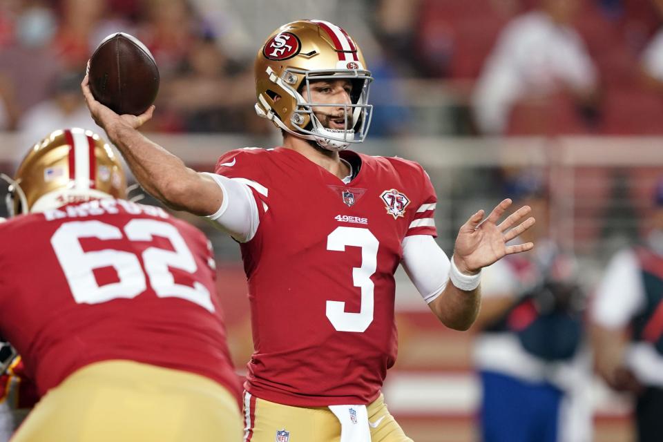 Former San Francisco 49ers quarterback Josh Rosen (3) throws a pass during the fourth quarter against the Kansas City Chiefs at Levi's Stadium. Rosen was waived last week and has reportedly been signed by the Falcons.