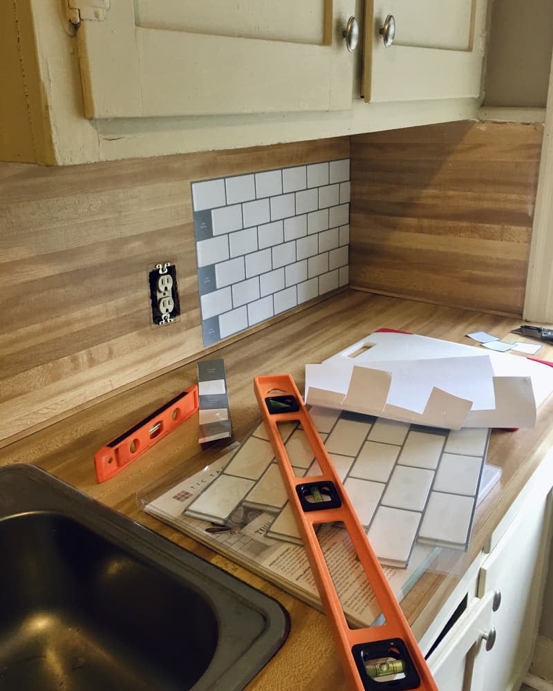 kitchen counter area during backsplash installation