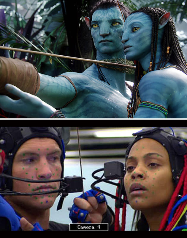 <b>Avatar</b><br> James Cameron’s ‘Avatar’, the highest grossing film of all time, was filmed entirely with state-of-the-art motion-capture technology that had been over a decade in the making. Still, the raw footage is surprisingly lacking in the epic. Actors Sam Worthington and Zoe Saldana spent 31 days wearing skullcaps and blue dots in an aircraft hanger to film their original scenes.