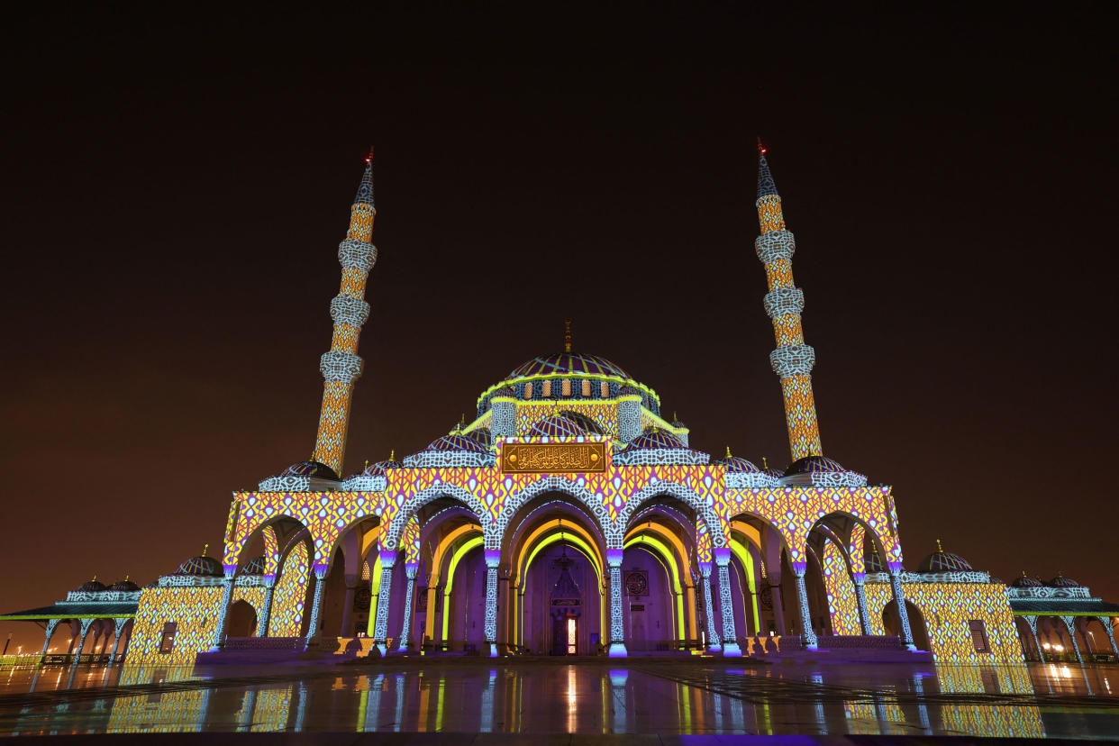 The Sharjah Mosque during the Sharjah Light Festival in the emirate of Sharjah.