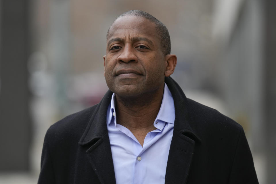 Carlos Watson leaves Brooklyn federal court in New York, Thursday, Feb. 23, 2023. The founder of the troubled digital start-up Ozy Media has been arrested on fraud charges as part of what prosecutors say was a scheme to prop up the financially struggling company. (AP Photo/Seth Wenig)