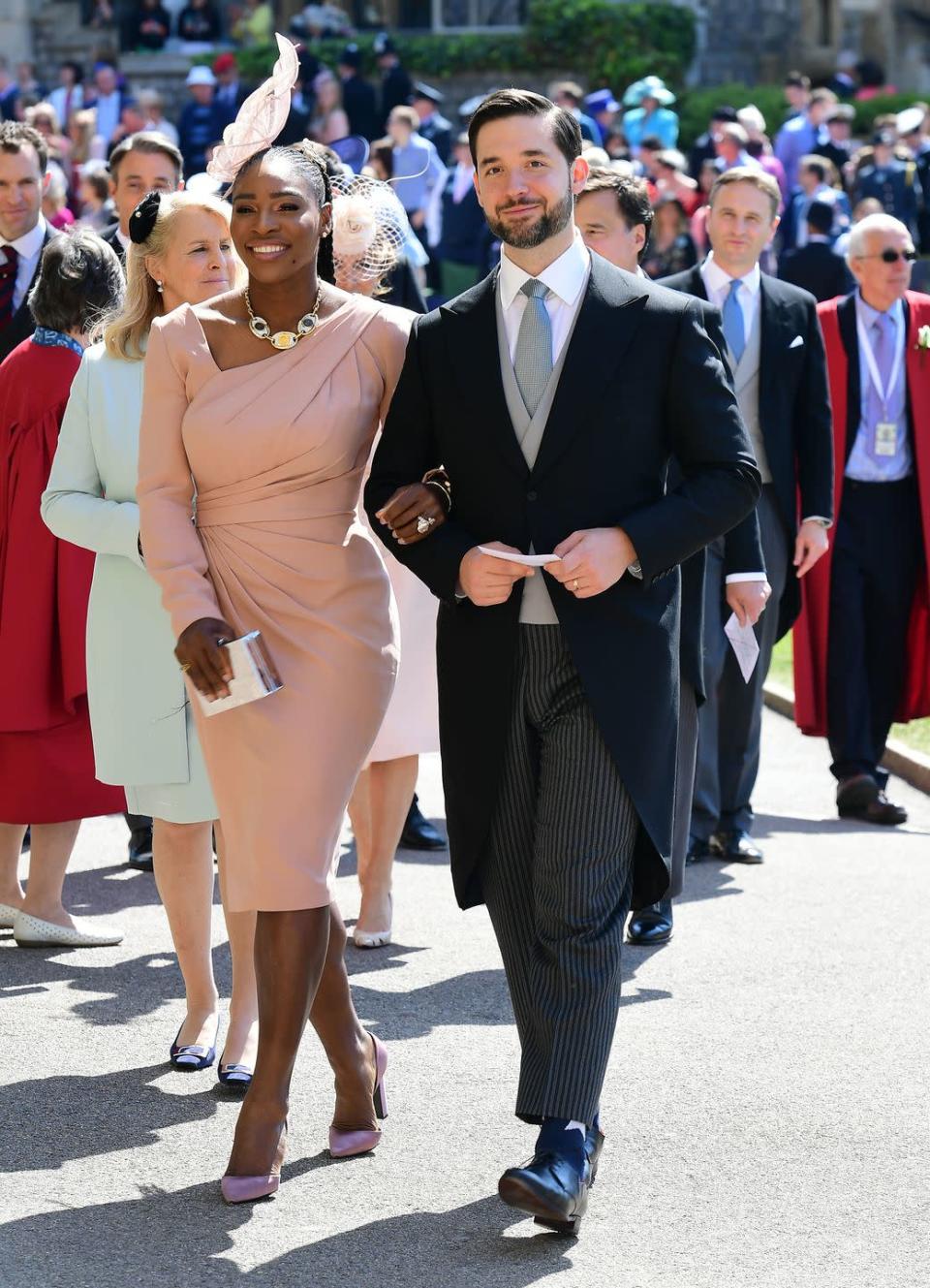 <p>Serena Williams knocked it out the park in her stunning pink structured dress, alongside husband Alexis Ohanian, as they arrived at Meghan and Harry's big day at Windsor Castle. </p>
