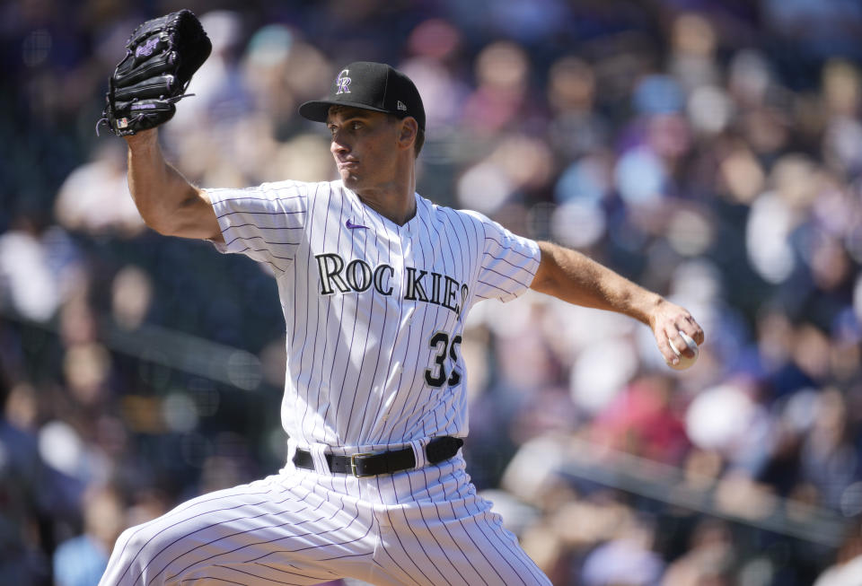 Colorado Rockies starting pitcher Brent Suter works against the Minnesota Twins in the first inning of a baseball game, Sunday, Oct. 1, 2023, in Denver. (AP Photo/David Zalubowski)