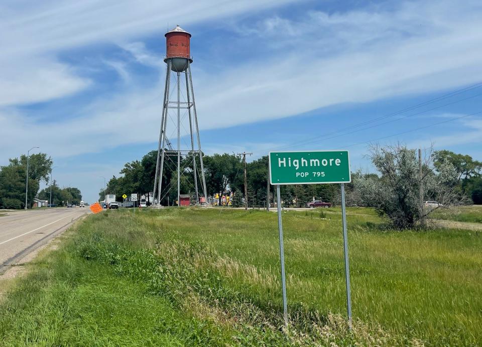A sign welcomes incoming motorists to Highmore, the county seat of Hyde County in central South Dakota.