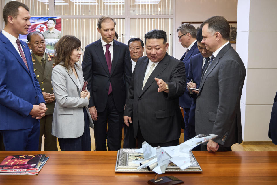 In this photo released by Khabarovsky Krai region government, North Korean leader Kim Jong Un visits a Russian aircraft plant that builds fighter jets in Komsomolsk-on-Amur, about 6,200 kilometers (3,900 miles) east of Moscow, Russia, Friday, Sept. 15, 2023. (Khabarovsky Krai region government via AP)