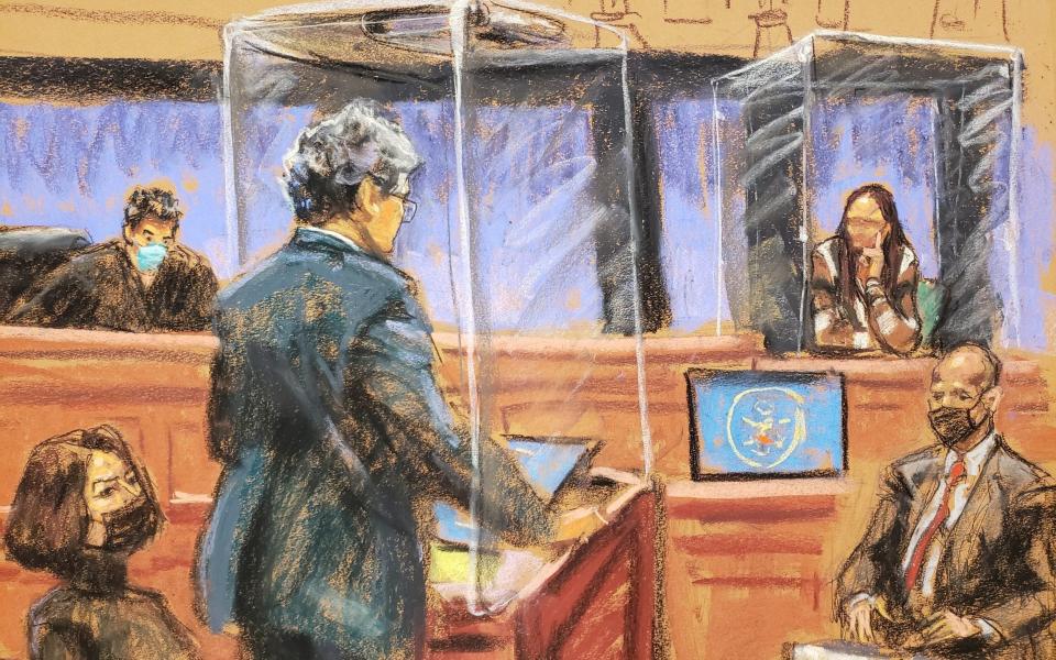 Witness "Carolyn" answers question from defense attorney Jeffrey Pagliuca during the trial of Ghislaine Maxwell, the Jeffrey Epstein associate accused of sex trafficking, in a courtroom sketch in New York City, U.S., December 7, 2021. - Jane Rosenberg/Reuters