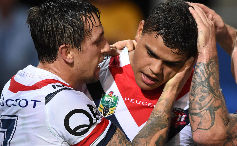 Mitchell Pearce and Latrell Mitchell in 2016.