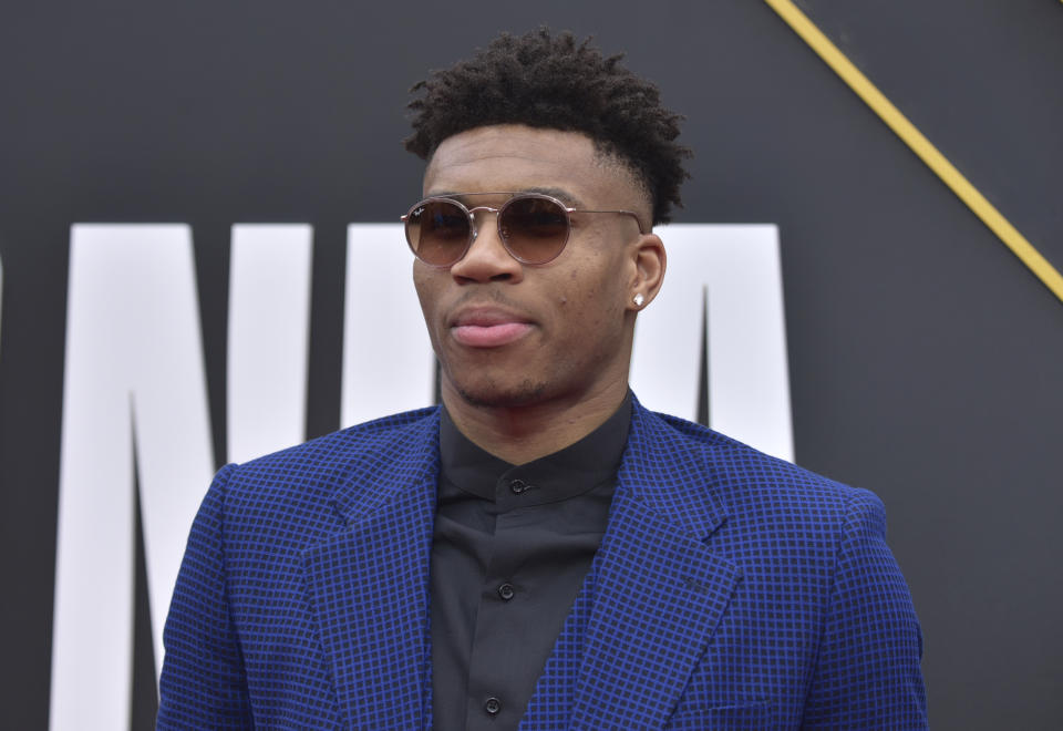 NBA player Giannis Antetokounmpo, of the Milwaukee Bucks, arrives at the NBA Awards on Monday, June 24, 2019, at the Barker Hangar in Santa Monica, Calif. (Photo by Richard Shotwell/Invision/AP)