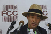 Lee Rae-jin, the older brother of a South Korean government official who recently killed by North Korean troops, speaks during a press conference at the Seoul Foreign Correspondent Club in Seoul, South Korea, Tuesday, Sept. 29, 2020. South Korea said Tuesday that a government official slain by North Korean sailors wanted to defect, concluding that the man, who had gambling debts, swam against unfavorable currents with the help of a life jacket and a floatation device and conveyed his intention of resettling in North Korea. (AP Photo/Ahn Young-joon)