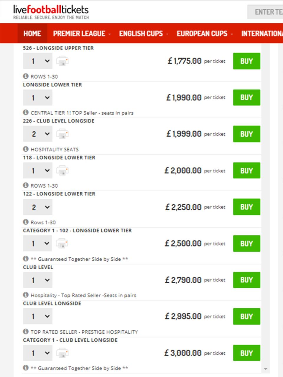 Resale site livefootballtickets listings for the match at Wembley (Screengrab)