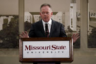 Bobby Petrino speaks after being introduced as the new NCAA college football head coach at Missouri State during a news conference Thursday, Jan. 16, 2020, in Springfield, Mo. Petrino has a 119-56 record in 14 seasons at Arkansas, Western Kentucky and Louisville and replaces Dave Steckel who was fired after winning just 13 games in five seasons. (AP Photo/Jeff Roberson)