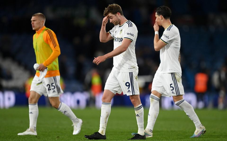 Patrick Bamford of Leeds United looks dejected alongside teammate Robin Koch after the draw in the Premier League match - Michael Regan/Getty Images