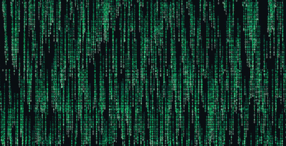 A binary AI matrix showing green 1s and zeros against a black background.