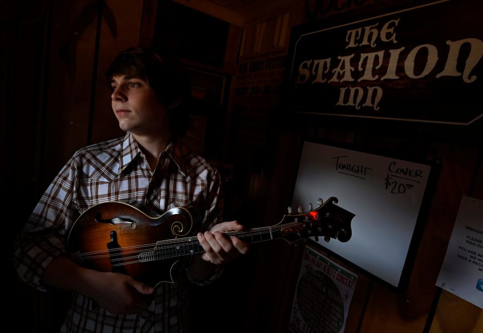 Wyatt Ellis, mandolin prodigy, at the Station Inn on Thursday, Feb.15, 2024, in Nashville, Tenn. Ellis performed for the first time at the iconic bluegrass location and has rereleased his debut album, “Happy Valley”.