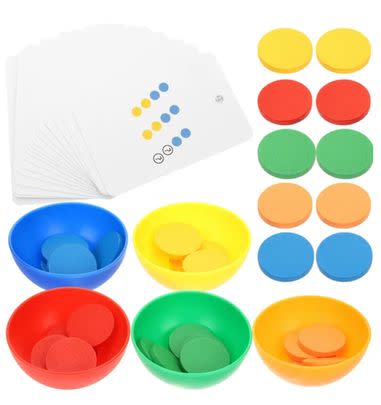 A set of bowls and color chips for sorting and matching