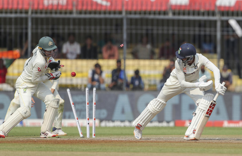 India's Srikar Bharat is bowled out during the second day of third cricket test match between India and Australia in Indore, India, Thursday, March 2, 2023. (AP Photo/Surjeet Yadav)