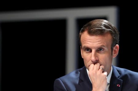 French President Emmanuel Macron takes part in a conference at the UCL university in Louvain-La-Neuve, on the last day of an official state visit in Belgium, November 20, 2018. REUTERS/Yves Herman/Pool