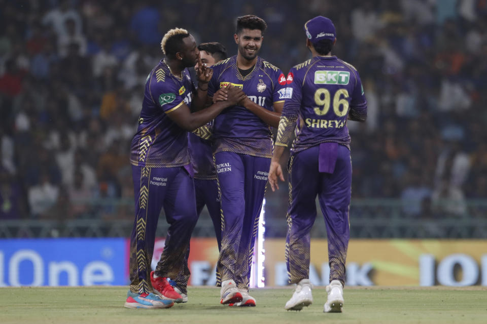 Kolkata Knight Riders' Harshit Rana, centre, is congratulated by his teammates after taking the wicket of Lucknow Super Giants' KL Rahul during the Indian Premier League cricket match between Lucknow Super Giants and Kolkata Knight Riders in Lucknow, India, Tuesday, May 5, 2024. (AP Photo/Pankaj Nangia)