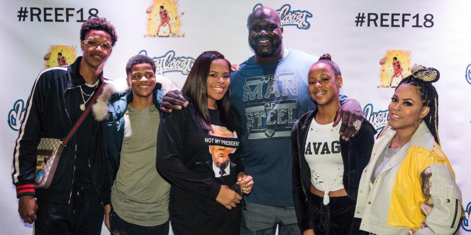 Shaquille O'Neal (center) and Shaunie O'Neal (right) pose with their four children in 2018.