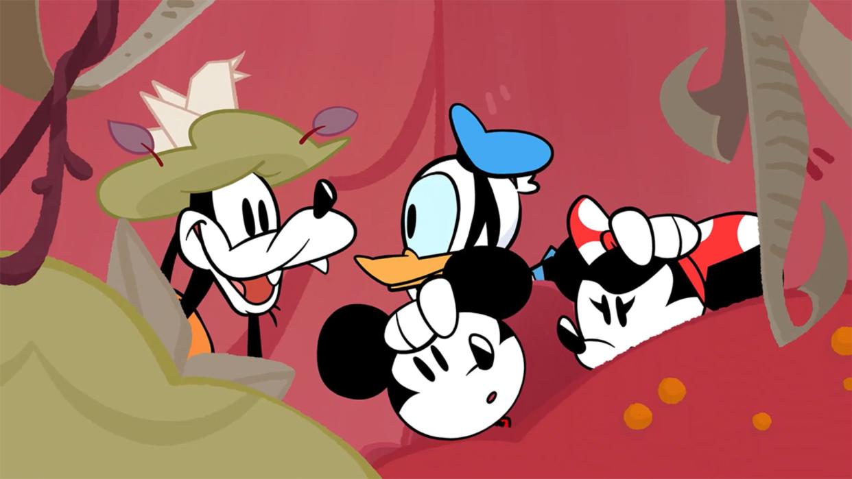  Mickey, Minnie, Goofy, and Donald talking 