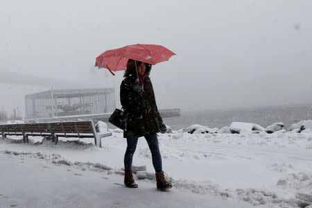 A woman walks with an umbrella during a nor'easter at the Brooklyn Bridge Park in Brooklyn, New York, U.S., March 21, 2018. REUTERS/Shannon Stapleton