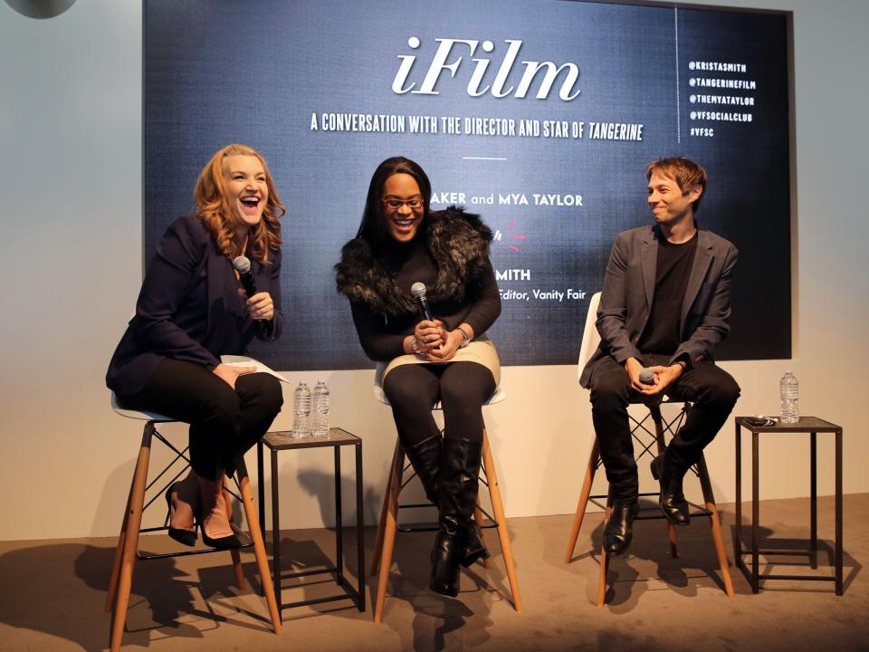 Vanity Fair West Coast Editor, Krista Smith, actor Mya Taylor, and Director Sean S Baker speak onstage during IFILM’s A Conversation with the Director and Star Of The Film Tangerine during the 2016 Vanity Fair Social Club #VFSC for Oscar Week in 2016.Getty Images for Vanity Fair