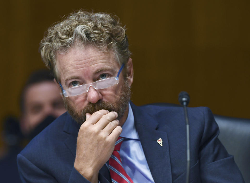 Sen. Rand Paul, R-Ky., listens to testimony before the Senate Committee for Health, Education, Labor, and Pensions hearing, Tuesday, May 12, 2020 on Capitol Hill in Washington. Dr. Anthony Fauci, director of the National Institute of Allergy and Infectious Diseases, is to testify before the committee. (Toni L. Sandys/The Washington Post via AP, Pool)