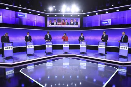 French politicians (LtoR) Francois de Rugy, Manuel Valls, Arnaud Montebourg, Sylvia Pinel, Benoit Hamon, Vincent Peillon and Jean-Luc Bennahmias attend the final prime-time televised debate for the French left's presidential primaries in Paris, France, January 19, 2017. REUTERS/Eric Feferberg