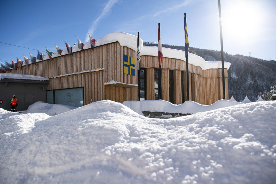 The congress centre, venue for the World Economic Forum, is covered with snow in Davos, Switzerland, Tuesday, Jan. 15, 2019. The World Economic Forum will take place in Davos from Jan. 22, 2019 until Jan. 25, 2019. (Gian Ehrenzeller/Keystone via AP)