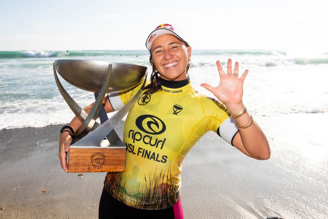 <p>Pat Nolan/World Surf League via Getty</p> Carissa Moore after surfing in the Title Match of the Rip Curl WSL Finals at Lower Trestles, San Clemente in September 2021.