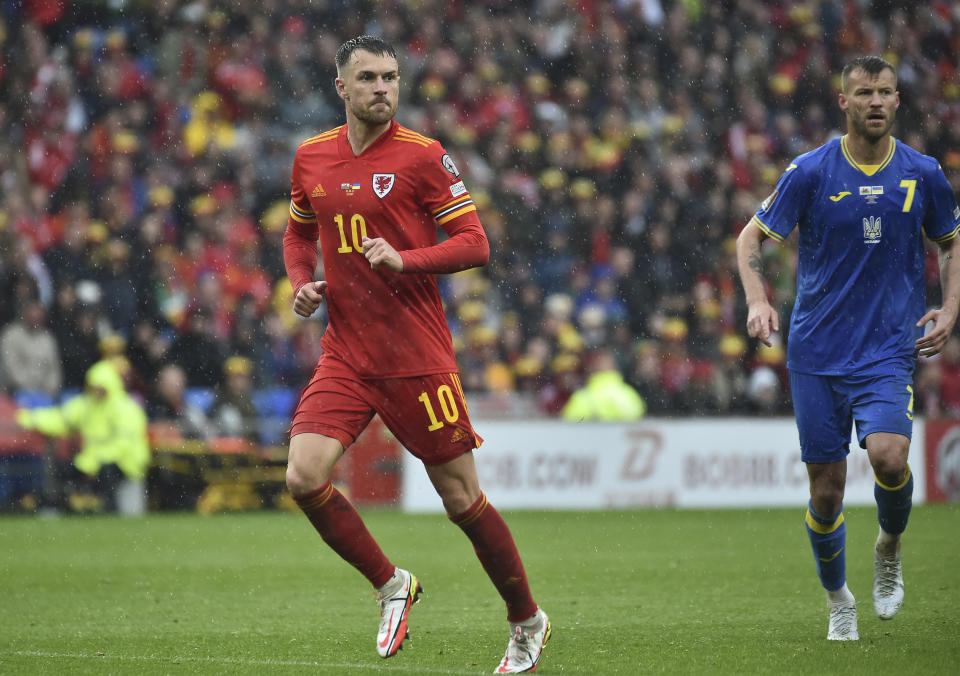 FILE - Wales' Aaron Ramsey in action during the World Cup 2022 qualifying play-off soccer match between Wales and Ukraine at Cardiff City Stadium, in Cardiff, Wales, Sunday, June 5, 2022. (AP Photo/Rui Vieira, File)