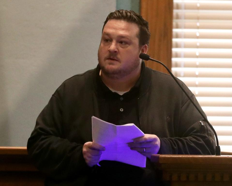 Sam Renick, brother of Ben Renick, speaks before the sentencing of Lynlee Renick on Monday. Sam Renick asked that the longest possible sentence be made. Lynlee Renick, who was convicted of second-degree murder last month for killing her snake-breeder husband, was sentenced to 16 years in prison.
