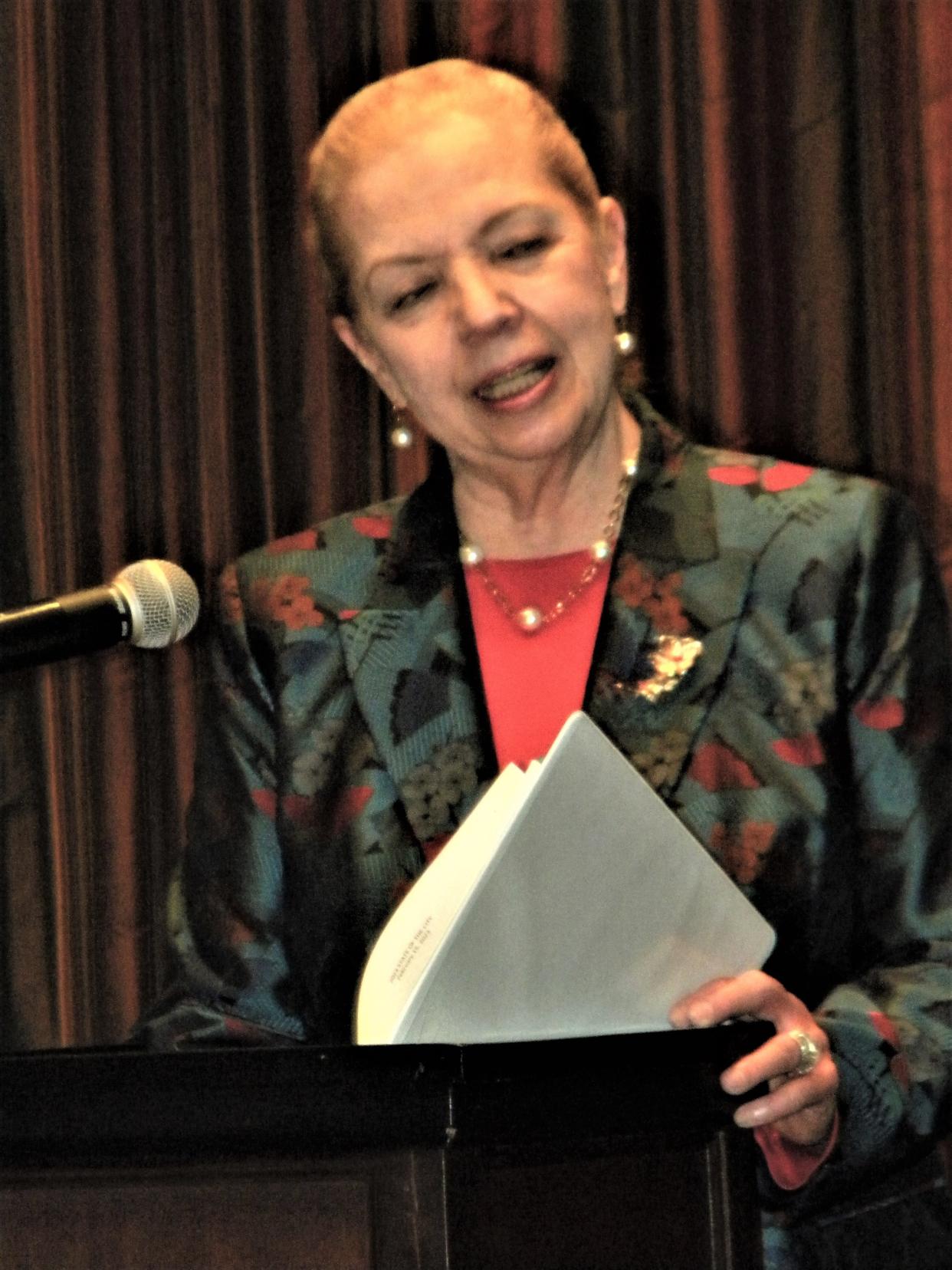 Aurora Mayor Ann Womer Benjamin gives her annual State of the City address Wednesday during the Aurora Chamber of Commerce luncheon at the Bertram Inn & Conference Center.
(Photo: Jeff Saunders)