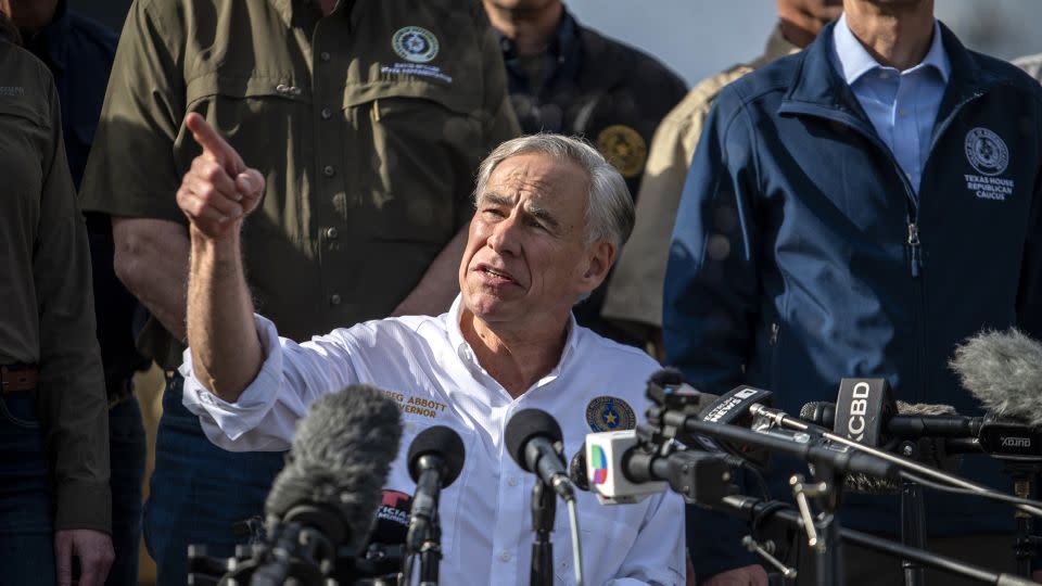 Gov. Greg Abbott is seen at a news conference at Shelby Park along the Rio Grande River in Eagle Pass, Texas, on February 8, 2024. - Sergio Flores/Bloomberg/Getty Images