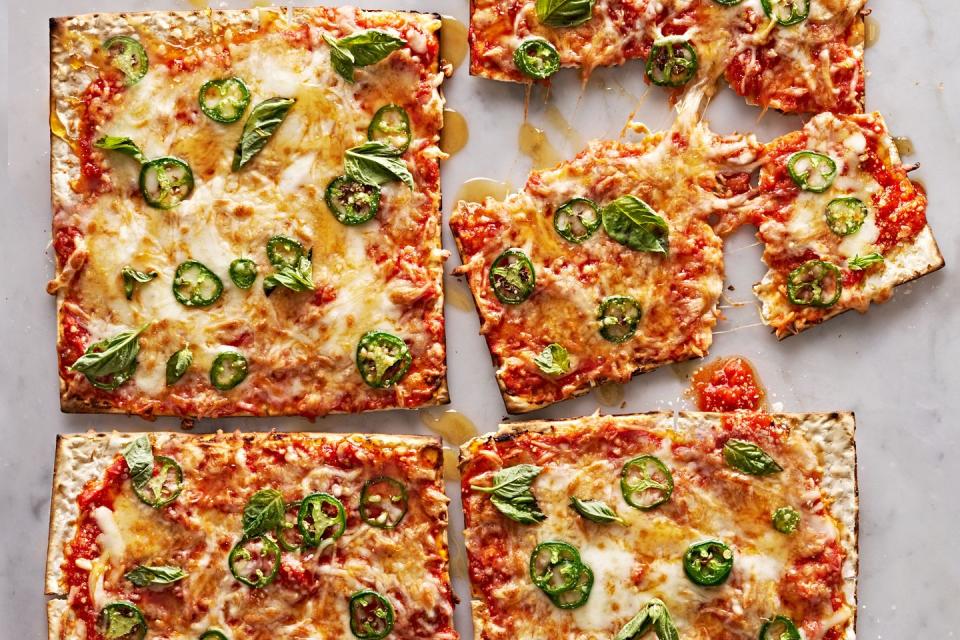 matzo pizza with jalapeno and hot honey