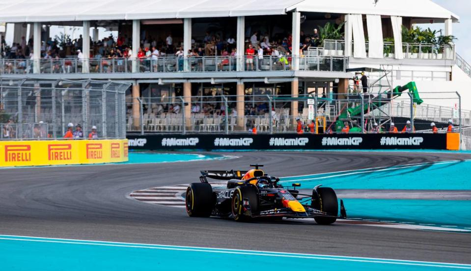 Red Bull Racing driver Max Verstappen of Netherlands takes turn 7 during a sprint qualifying session on the first day of the Formula One Miami Grand Prix at the Miami International Autodrome on Friday, May 3, 2024, in Miami Gardens, Fla.
