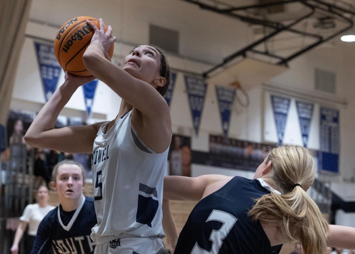 Howell Kiera McKown goes up with a shot. Howell Girls Basketball defeats Middletown South to advance in NJSIAA play on February 21, 2023 in Howell NJ. 
