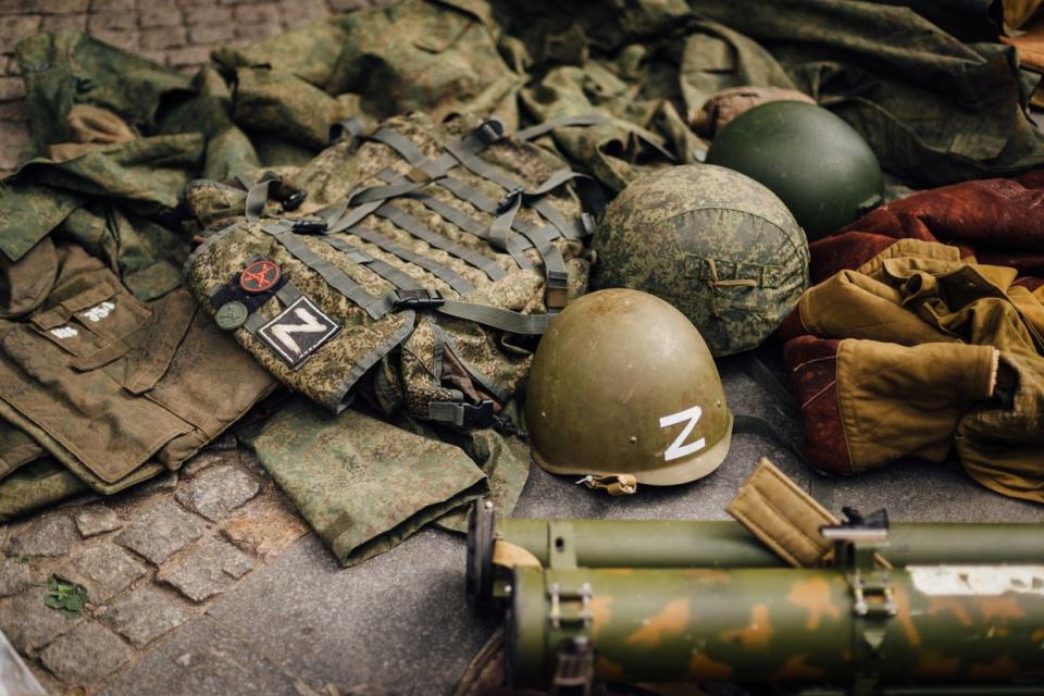 The equipment with Russian military markings during an exhibition on European Square on July 23, 2023 in Dnipro, Ukraine. The exhibition was organized with the goal of raising funds for the Ukrainian Armed Forces. (Denys Poliakov/Global Images Ukraine via Getty Images)