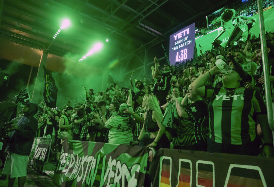 Austin FC fans celebrate after a win over Toronto FC, Saturday, May 20, 2023, in Austin, Texas. (AP Photo/Michael Thomas)