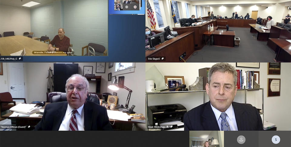 In this still frame taken from video, Harvey Weinstein, upper left, appears via video from prison before Erie County Court before Judge Kenneth Case, top right, as his attorney, Norman Effman, lower left, speaks and Los Angeles based defense attorney Mark Werksman listens in, Monday, April 12, 2021, in Buffalo, N.Y. (New York Unified Court System via AP)