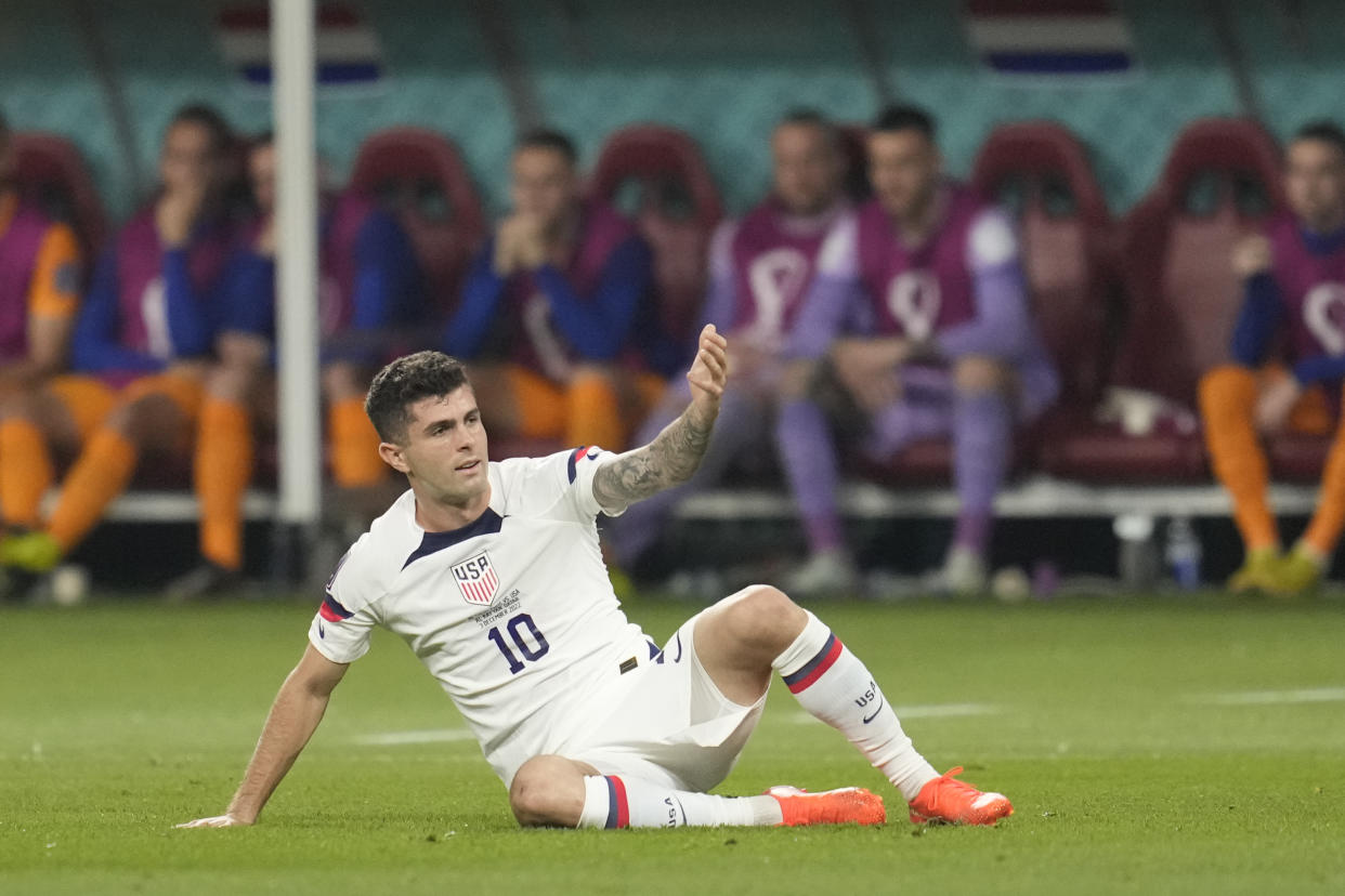Christian Pulisic of the United States reacts during the World Cup round of 16 soccer match between the Netherlands and the United States, at the Khalifa International Stadium in Doha, Qatar, Saturday, Dec. 3, 2022. (AP Photo/Ashley Landis)