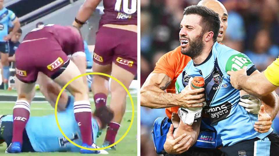 Jai Arrow (pictured left) shoving James Tedesco back into the turf after Tedesco (pictured right) in distress.