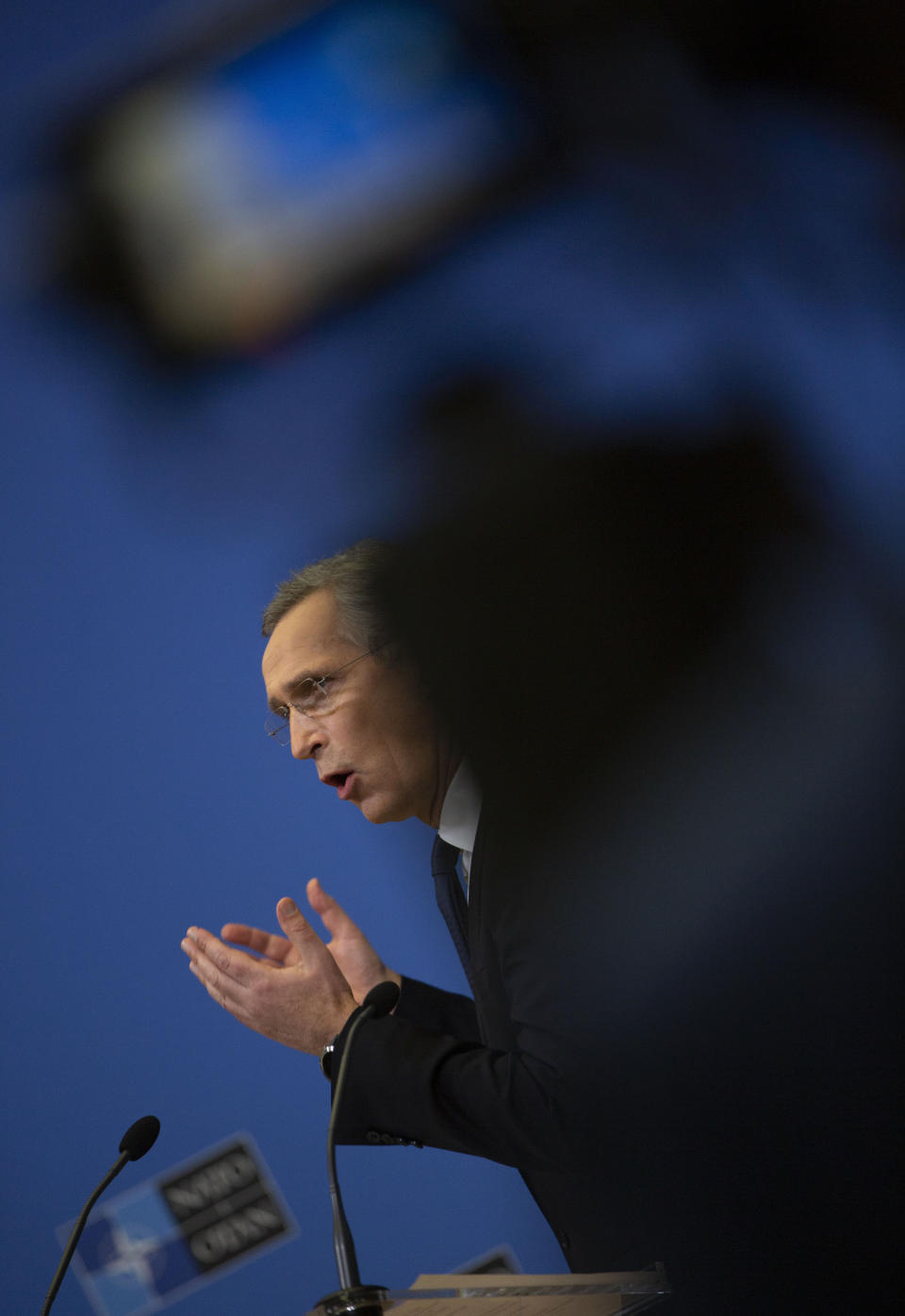 NATO Secretary General Jens Stoltenberg speaks during a media conference, after a meeting of NATO defense ministers in video format, at NATO headquarters in Brussels on Thursday, Feb. 18, 2021. (AP Photo/Virginia Mayo, Pool)