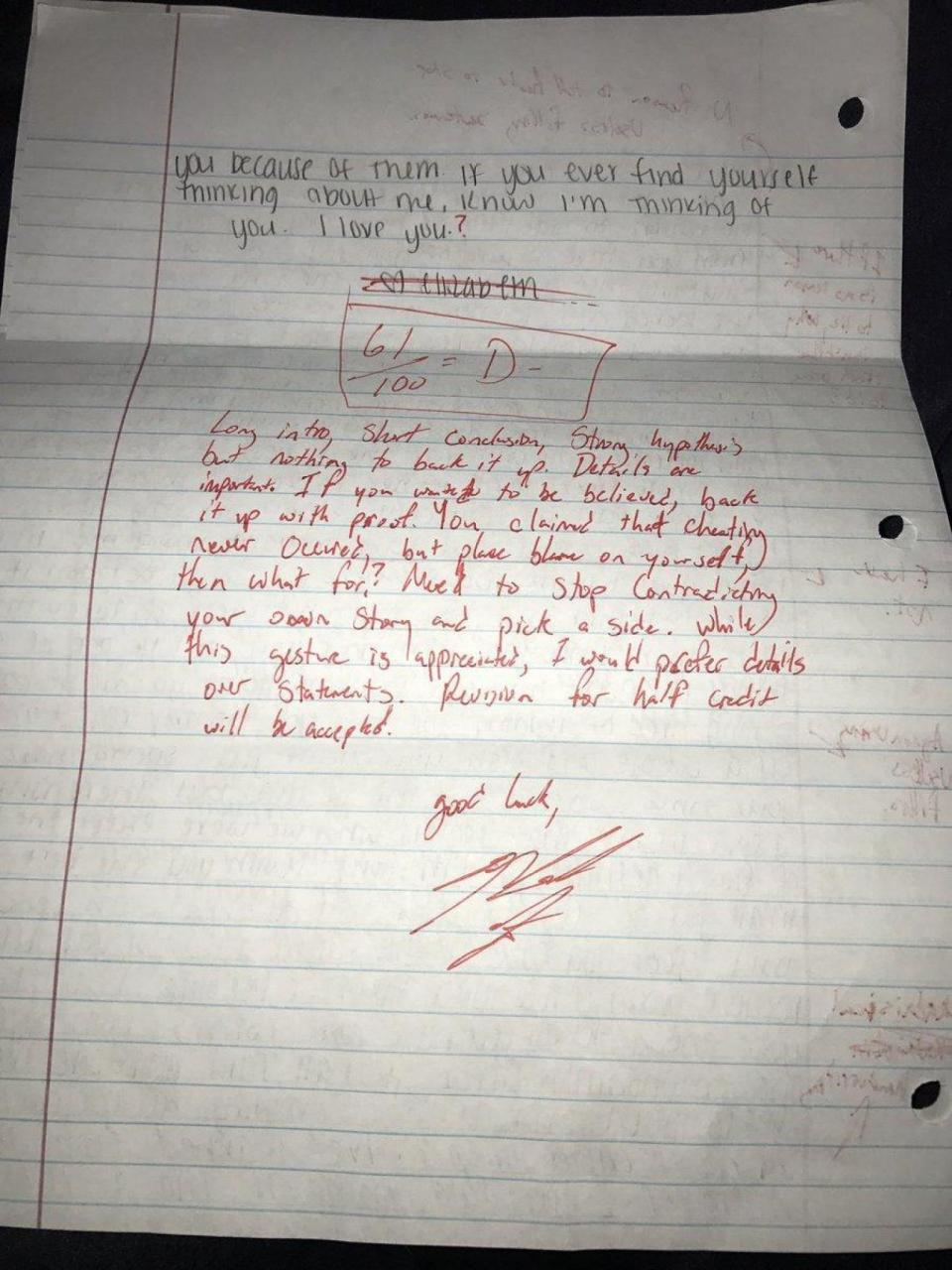 On the last page Nick Lutz grades his ex-girlfriend's letter giving her a D minus (Nick Lutz)