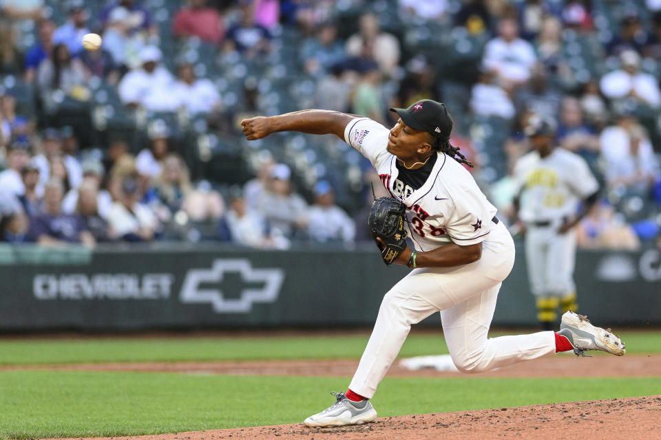 North Carolina A&T State starting pitcher Xavier Meachem throws during the second inning of the HBCU Swingman Classic baseball game during All-Star Week, Friday, July 7, 2023, in Seattle. (AP Photo/Caean Couto)