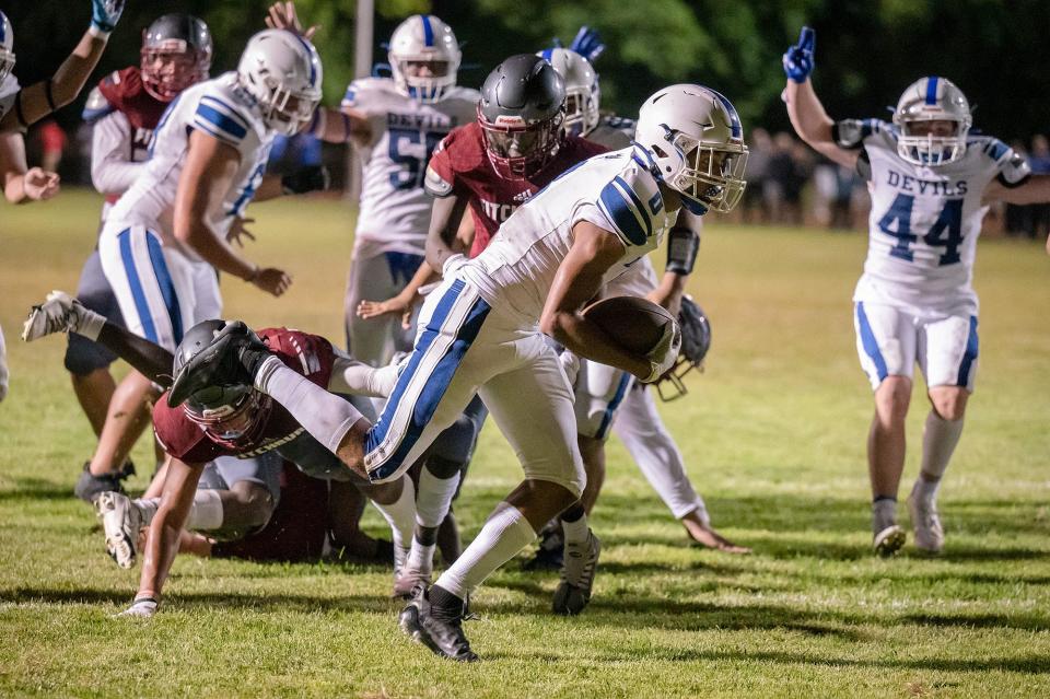 Leominster wide receiver Ricky Encarnacion scores in a game against Fitchburg earlier this season.