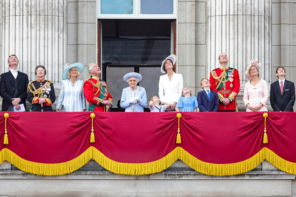 From left to right: Timothy Laurence, Princess Anne, Princess Royal, Camilla, Duchess of Cornwall, Prince Charles, Prince of Wales, Queen Elizabeth II, Prince Louis of Cambridge, Catherine, Duchess of Cambridge, Princess Charlotte of Cambridge, Prince George of Cambridge, Prince William, Duke of Cambridge, Sophie, Countess of Wessex and James, Viscount Severn on the balcony of Buckingham Palace watch the RAF flypast. (Getty)